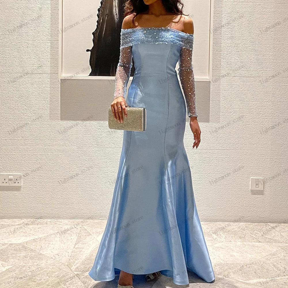 

Simple Evening Dresses Graceful Prom Dress For Women 2024 Satin Ball Gowns Off The Shoulder Full Sleeves Pretty Vestidos De Gala