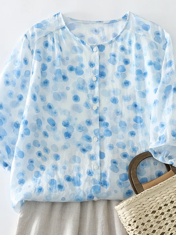

Floral Print Summer Shirt Women's round Neck Short Sleeve Versatile Thin Polyester Fiber Loose Fit Breathable Casual Top