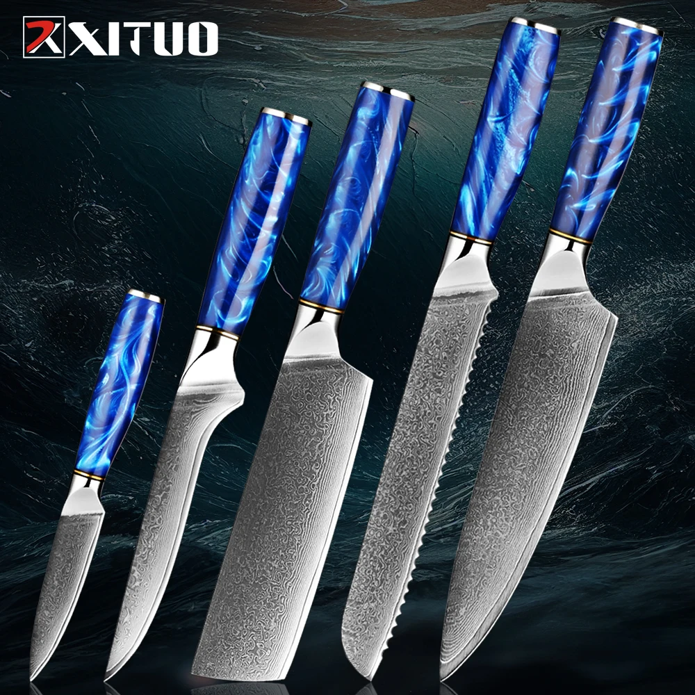 

XITUO Profession Damascus Steel Kitchen Knife Super sharp Chef Knife Cleaver Paring Bread Knife Blue resin handle Cooking knives