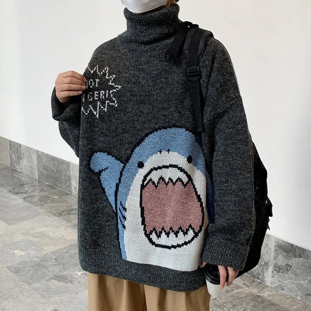 Spring Sweater  High Collar   Men Winter Sweater Cartoon Shark Print Autumn Sweater