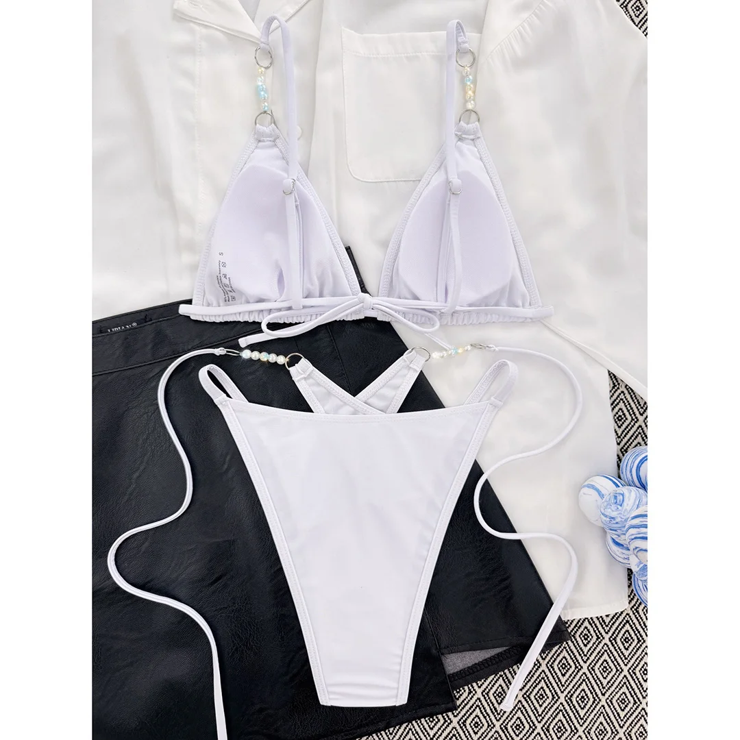 Sexy Neckholder-Bikini mit Perlen und Riemchen, Damen-Badeanzug, zweiteiliges Bikini-Set, hoch geschnittener Badeanzug, Badebekleidung, Modell V5473 – Detail 16