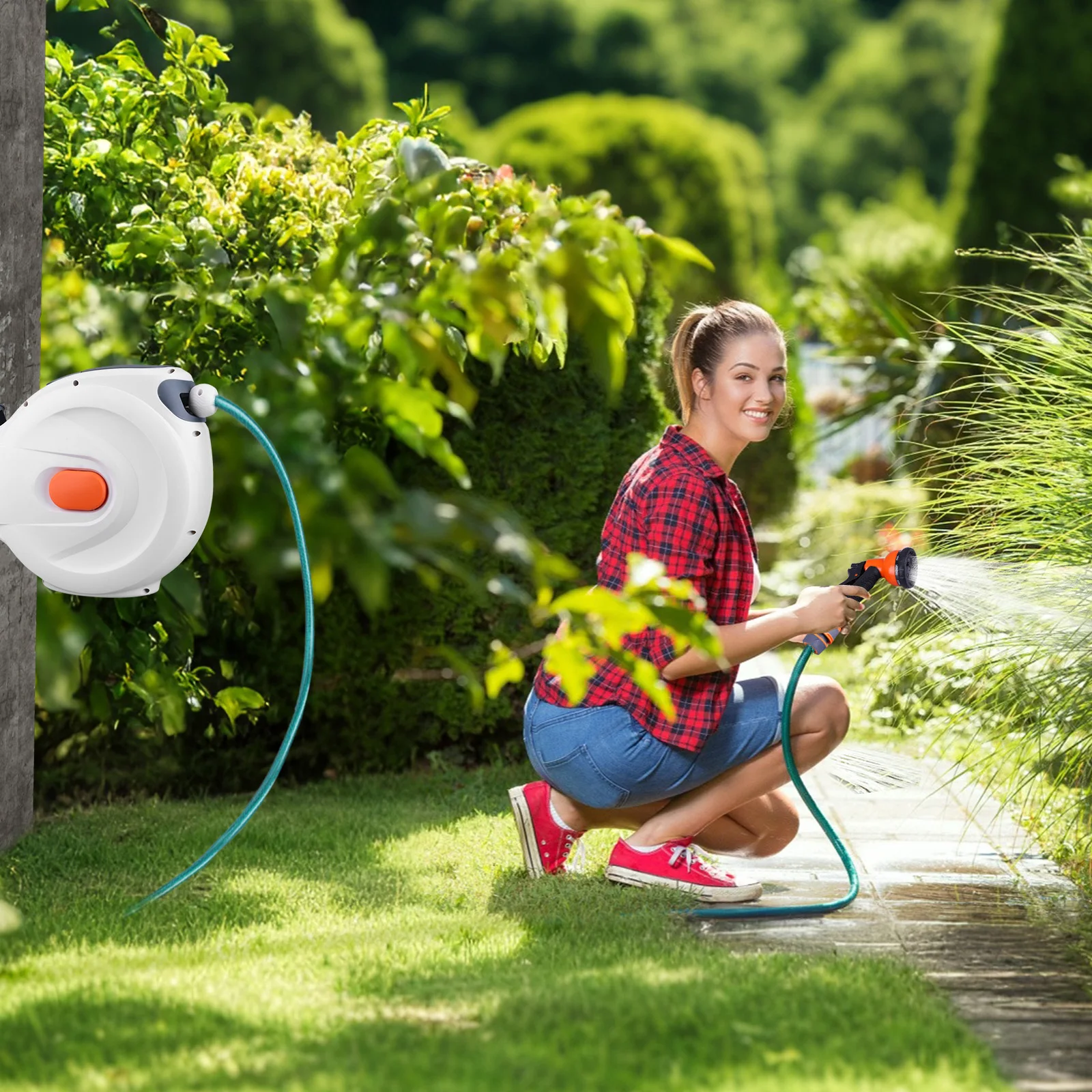 

65 Ft Retractable Garden Hose Reel Telescopic Water Hose Reel Any Length Lock 180 Degree Swivel Bracket for Garden Watering