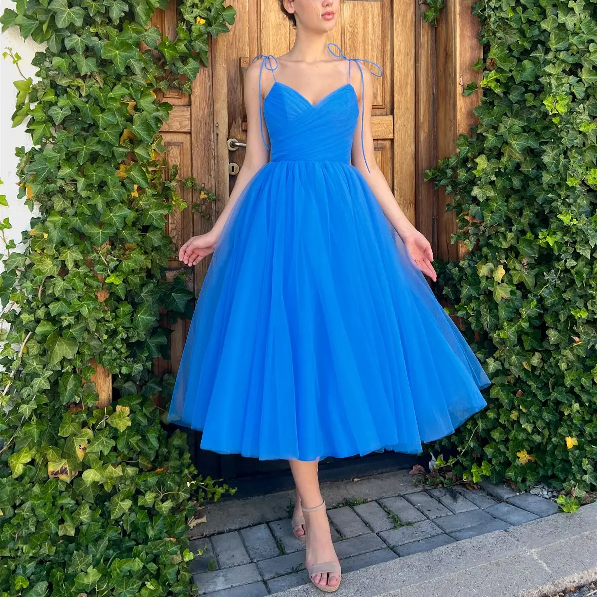 

Bespoke Evening Dress Blue Puffy Skirt Thin Strap Pleats Tulle Floor Length Vestidos De Fiesta Elegantes Para Mujer 2024 New