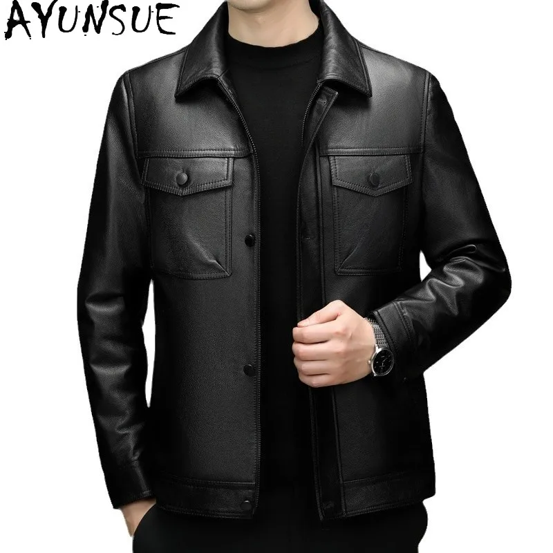 

AYUNSUE Genuine Cowhide Leather Jacket Men 2025 Detachable Down Liner Coat Real Cow Leather Jackets Lapel Slim-fit Outerwears