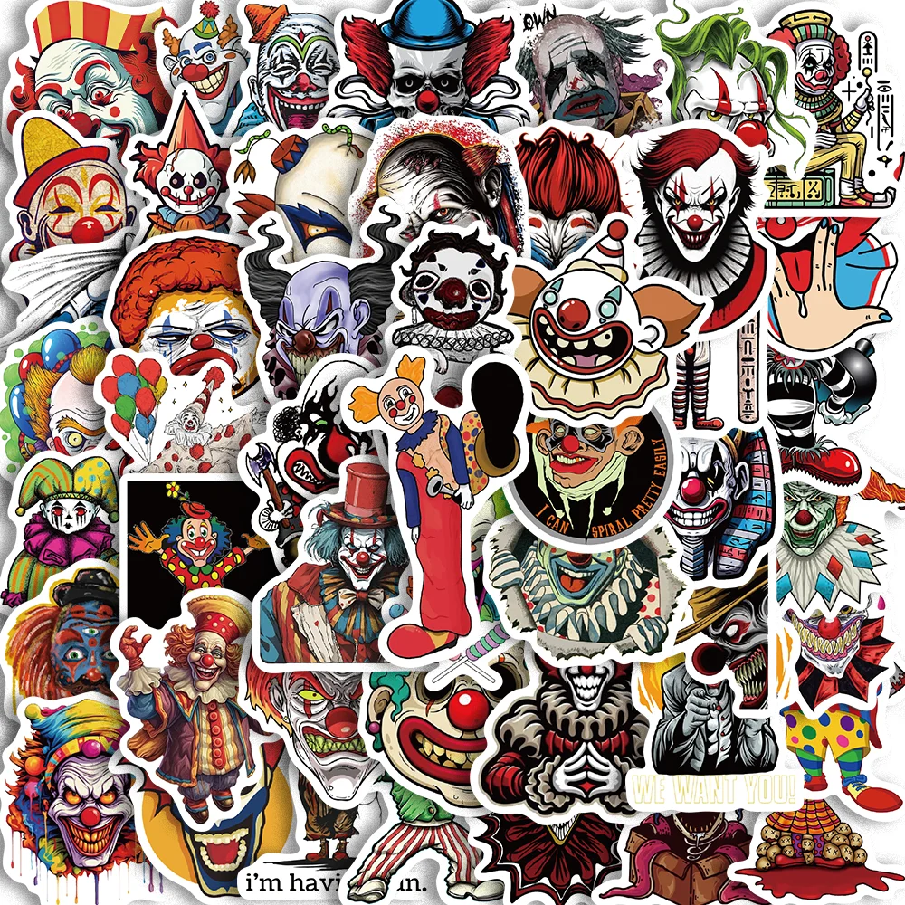 50pcs Funny Gothic Scary Clown Stickers Hallowmas for Phone Case Scrapbook Skateboard Luggage Helmet Waterproof PVC Decals