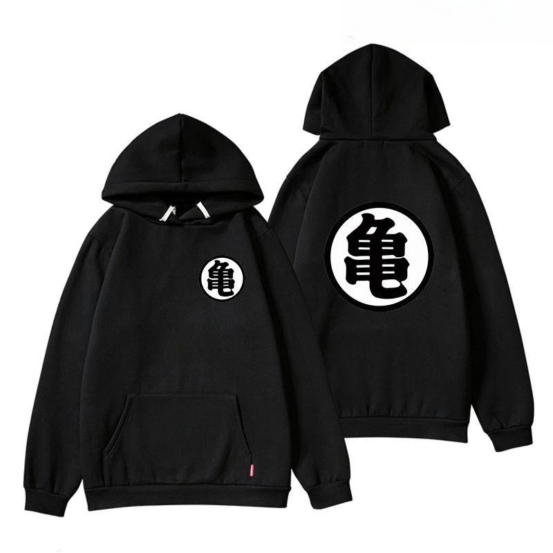 

Black Anime Hoodie Kame Kanji Symbol with Front Pocket Lightweight Cotton Streetwear Pullover