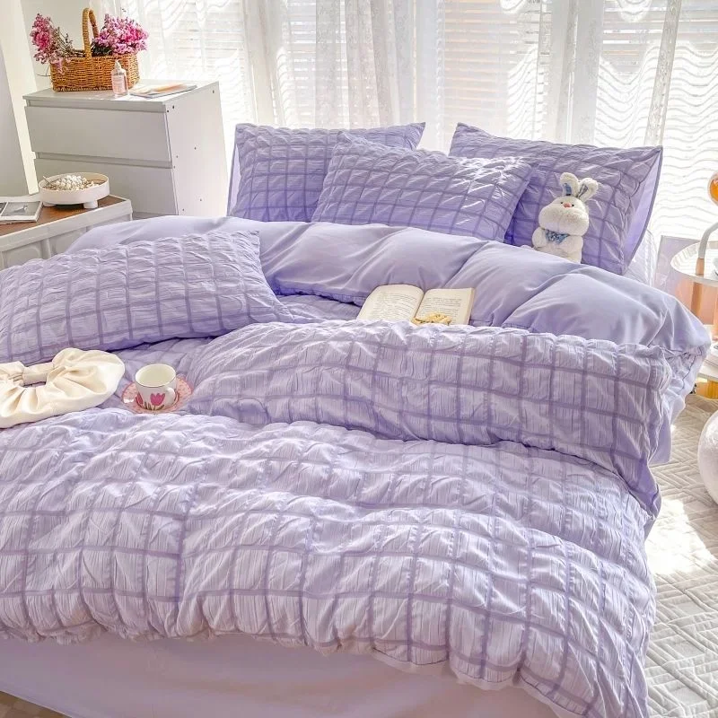 Seersucker Bedding Set Solid Color Duvet Cover Flat Sheets Pillowcase Bed Sheet Soft Comforter Cover Bed Linens Nordic Ins Style