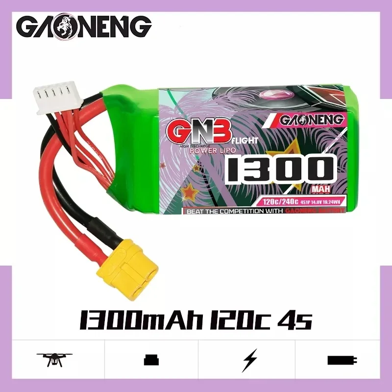 Gaoneng แบตเตอรี่120C gnb 1300mAh 4S 14.8V 6s 22.2V RC Lipo พร้อมปลั๊ก XT60น้ำหนักเบารุ่นใหม่อัตรา C สูงสำหรับโดรน RC FPV