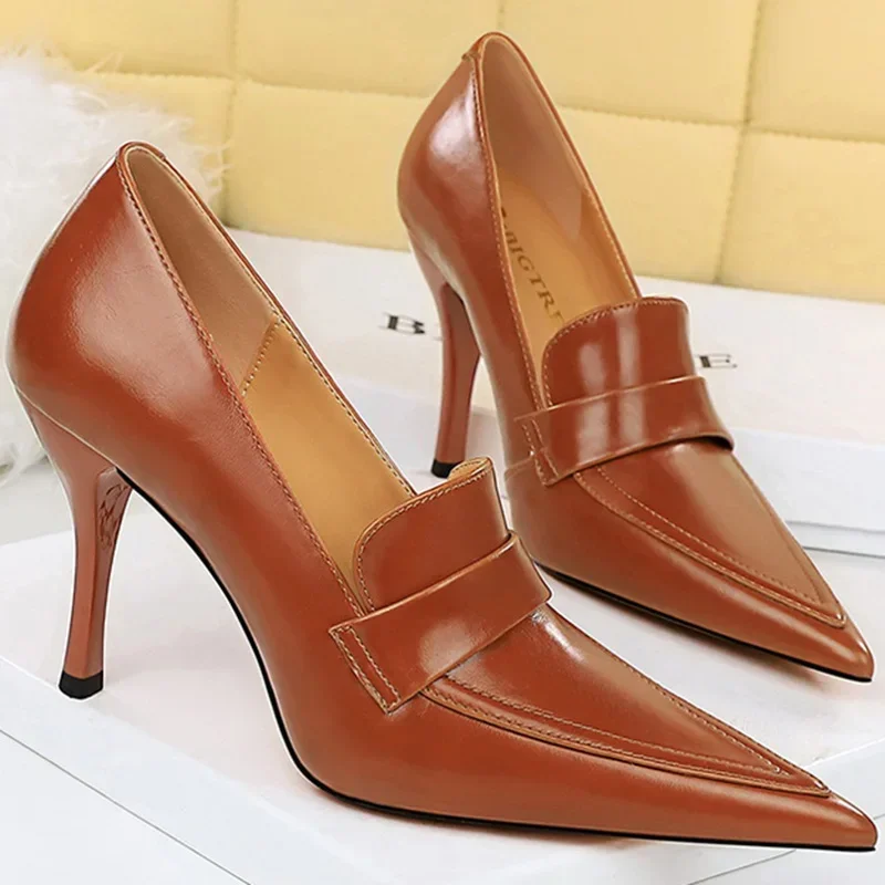 Women 10cm High Heels Pumps Retro Pu Leather Slipony Thin Stiletto Heels Lady Brown Office Roman Fashion Shoes Small Size 34-40