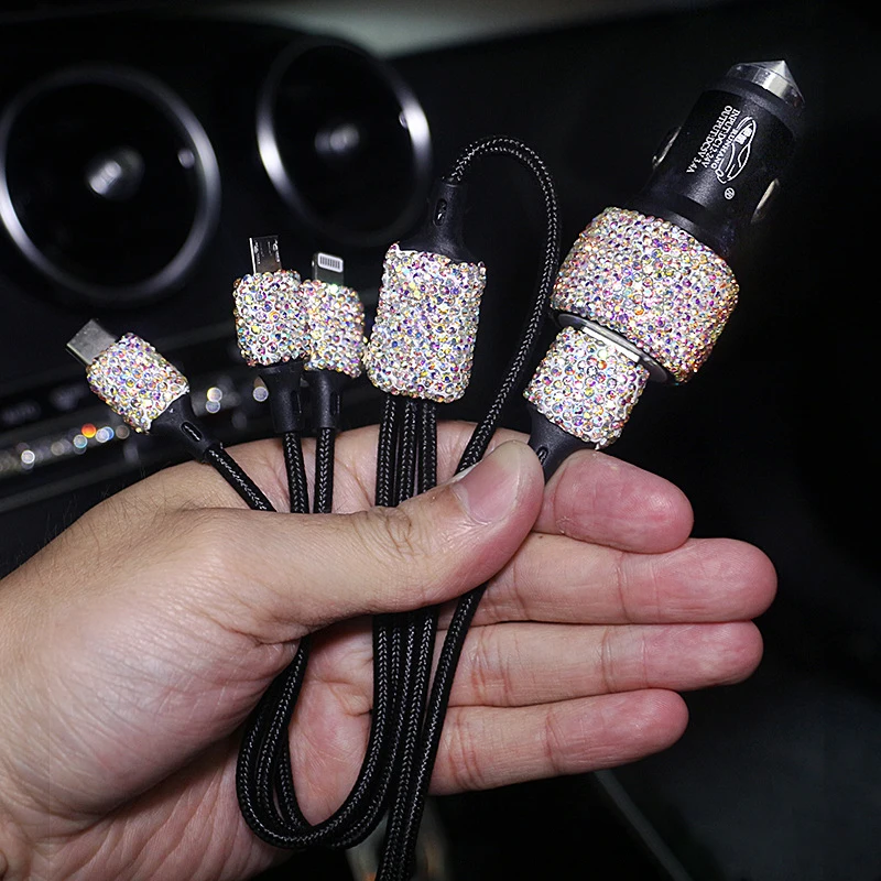 

Bling USB Car Charger 5V 2.1A Dual Port Fast Adapter with Type C Micro USB 3 In 1 Multi Charging Cable Car Accessories for Woman