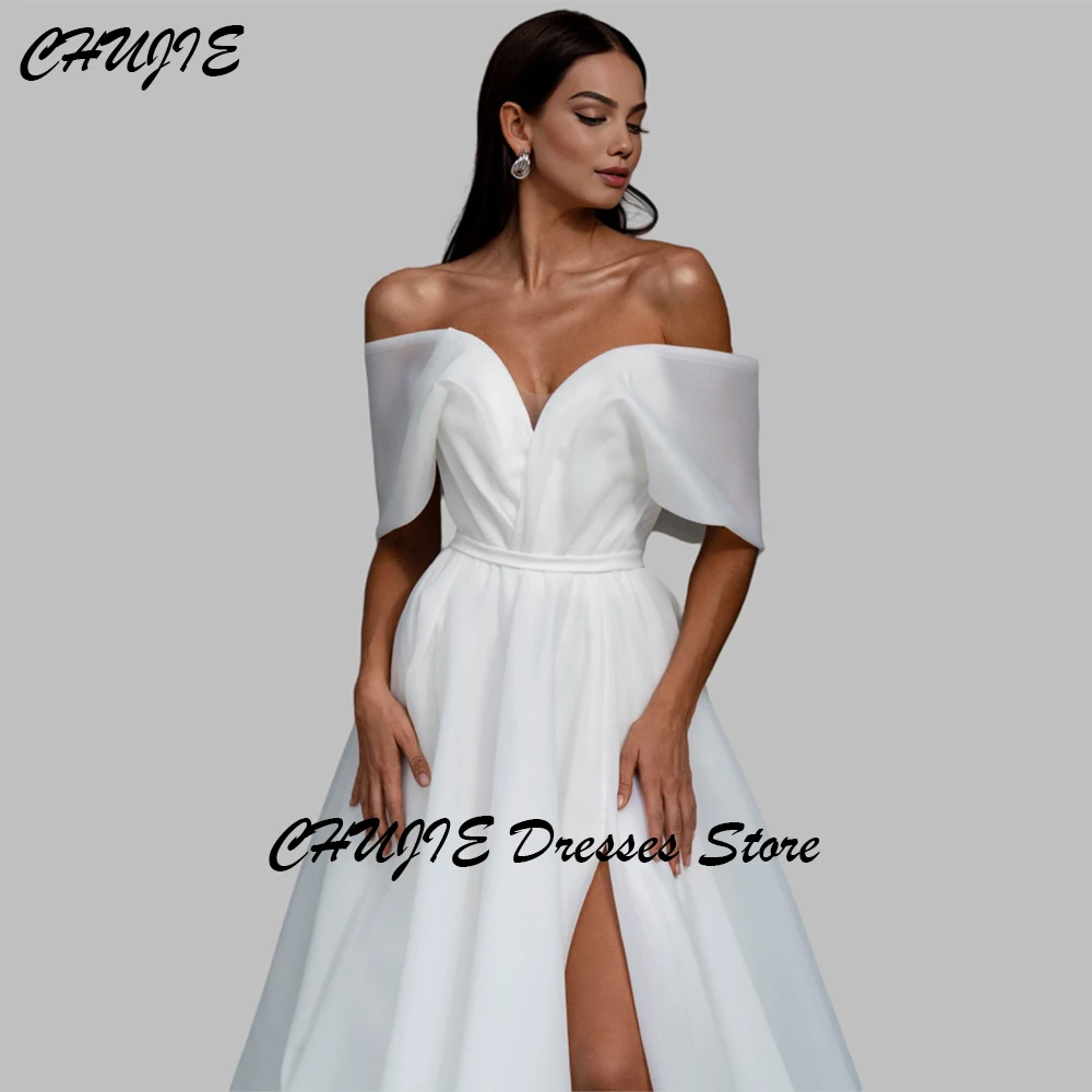 Fora do ombro branco organza vestido de casamento feminino uma linha plissado com fenda lateral plus size vestidos de noiva сudenдебное пла coi personalizado