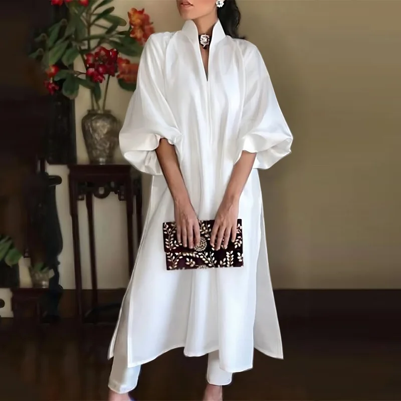 

Плюс размер 5XL VONDA модное женское элегантное офисное платье миди с рукавами-фонариками атласный длинный сарафан повседневный однотонный свободный вечерние платья