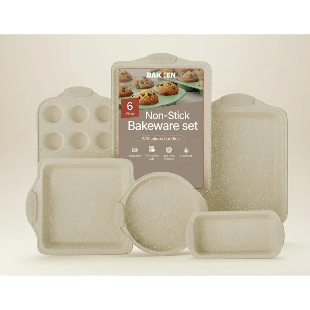 

6-Piece Nonstick Baking Pan Set - Carbon Steel Bakeware with Marble Coating & Cool-Touch Handles for Home Bakers