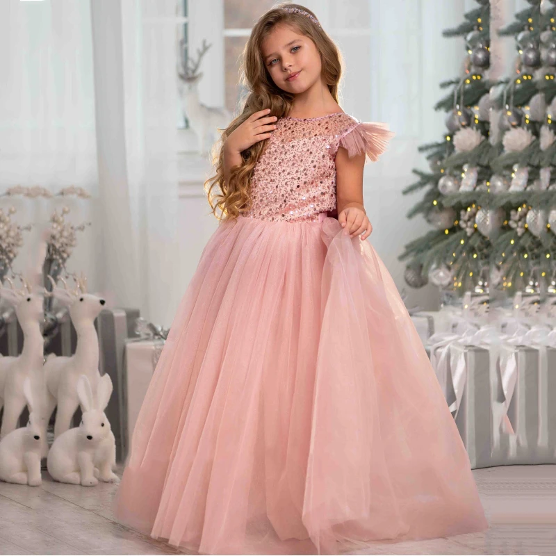 

Flower Girl Dresses Pink Tulle Sequin With Bow Sleeveless For Wedding Birthday Party Holy Communion Gowns