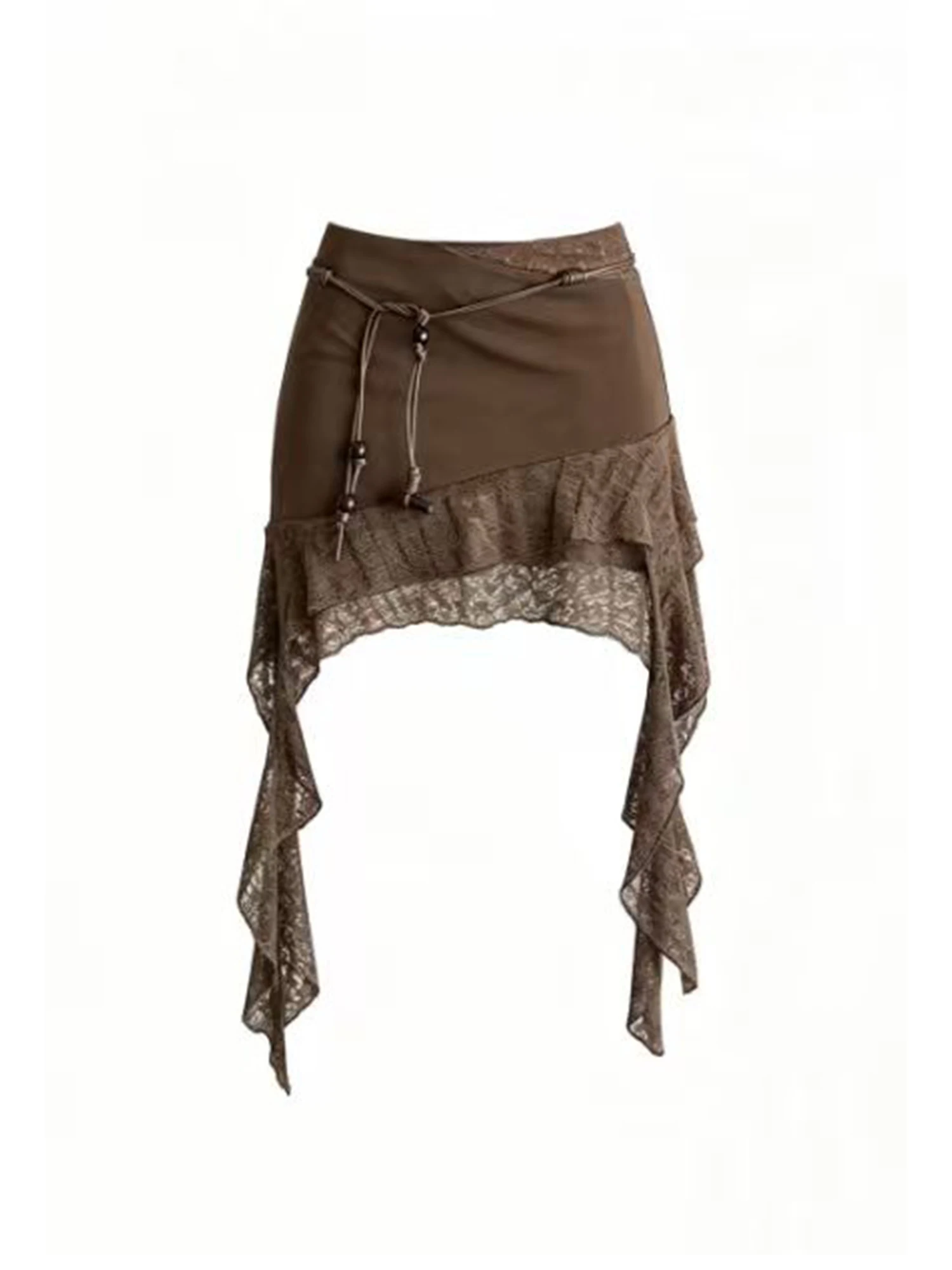 Women's Brown Lace Patchwork Ruffle Ribbon Midi Skirt Y2K Gyaru Skirt Vintage High Waist Irregular Bodycon Mini Skirt for Women
