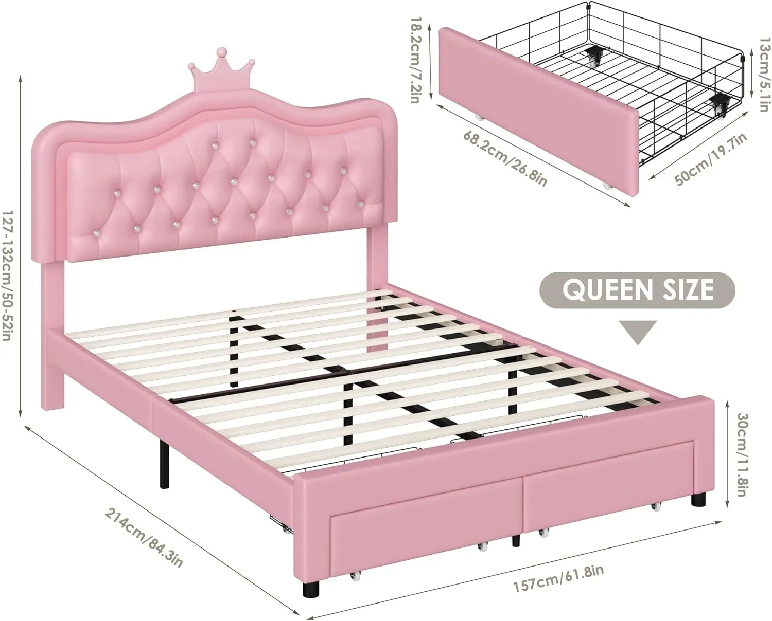 Queen Upholstered LED Bed Frame with Storage Drawer, Leather Princess Platform Bed with Adjustable Crystal Button Tufted Crown