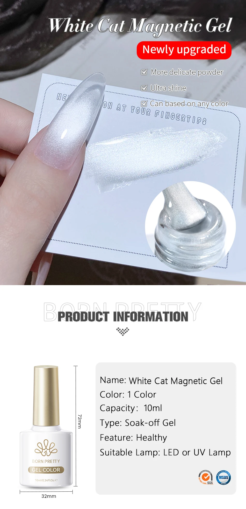 BORN PRETTY 10ml Flow Light Weißer Katzenaugen-Magnetgel-Nagellack Ultra-Glanz Soak-Off UV-Gel Spiegel-Glasperlen-Gel Nagelkunst – Detail 6