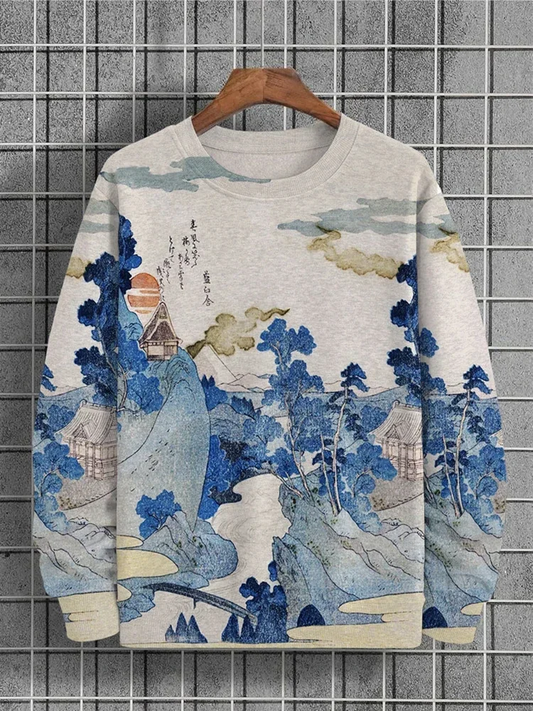 Men\'s round neck fashion sweatshirt landscape print round neck spring and autumn long sleeve casual top large size fashion loose