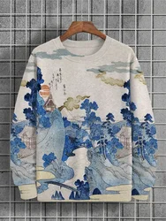 Men's round neck fashion sweatshirt landscape print round neck spring and autumn long sleeve casual top large size fashion loose