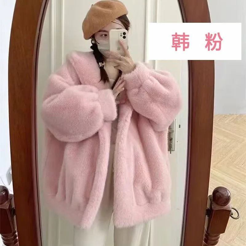 

Korean Female Fashion Casual Plush Jacket 2025 Women Long Sleeves Fur Outwear Autumn Winter Ladies Medium Length Faux Fur Coat