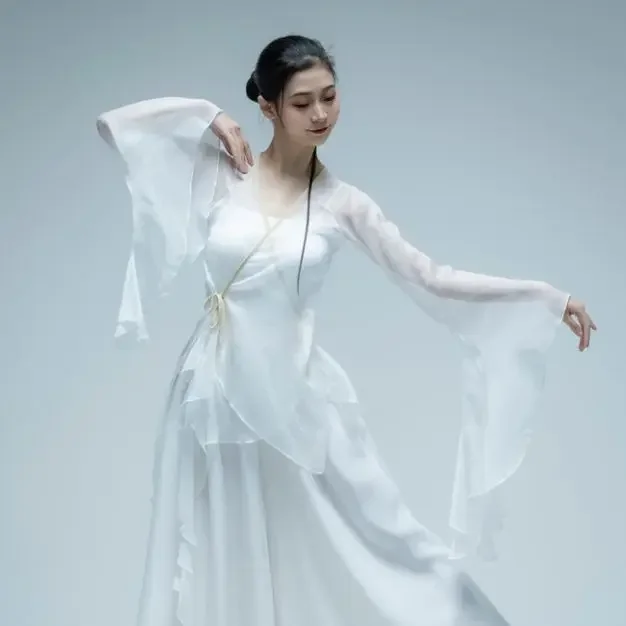 Klasyczna sukienka do tańca Ubrania z gazy Ćwicz chiński biały taniec ludowy Klasyczny kostium taneczny