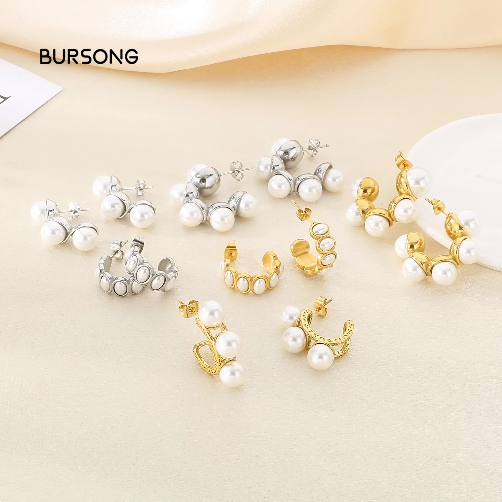 BURSONG Stainless Steel C Shape Shell Pearl Earrings Women Multi Style Huggie Hoops Ear Jewelry - KE110882-HM