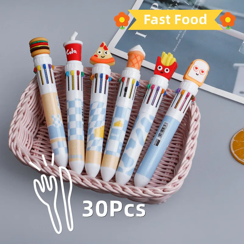 

30Pcs/Set Cute Cartoon Fast Food 10 Colors Ballpoint Pen Pizza Hamburger Cola Multicolor Pens School Stationery Office Supplies