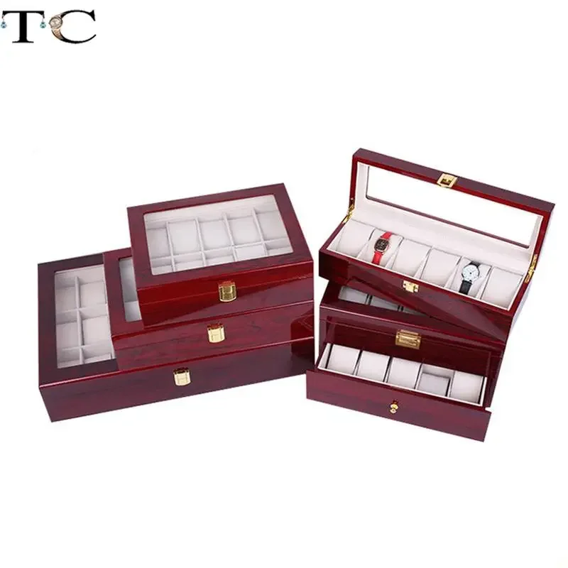 

Вино-красный лакированный деревянный ящик для хранения часов, коробка для хранения ювелирных изделий, коробка для хранения браслетов, витрина для часов