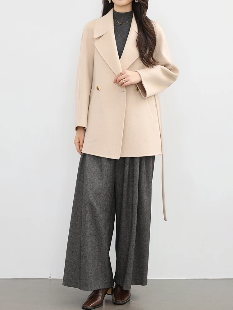 منتصف طول معطف الصوف النساء 100% الصوف معاطف قصيرة حزام واسعة طوق التلبيب الخريف الشتاء فضفاض سترة السيدات جديد # 27