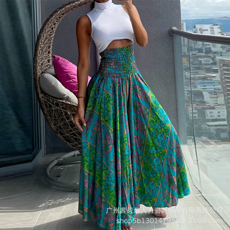 

Tribal Paisley Print Shirred High Waist Wide Leg Pants Women Flower Floral Summer Loose Pants Trousers