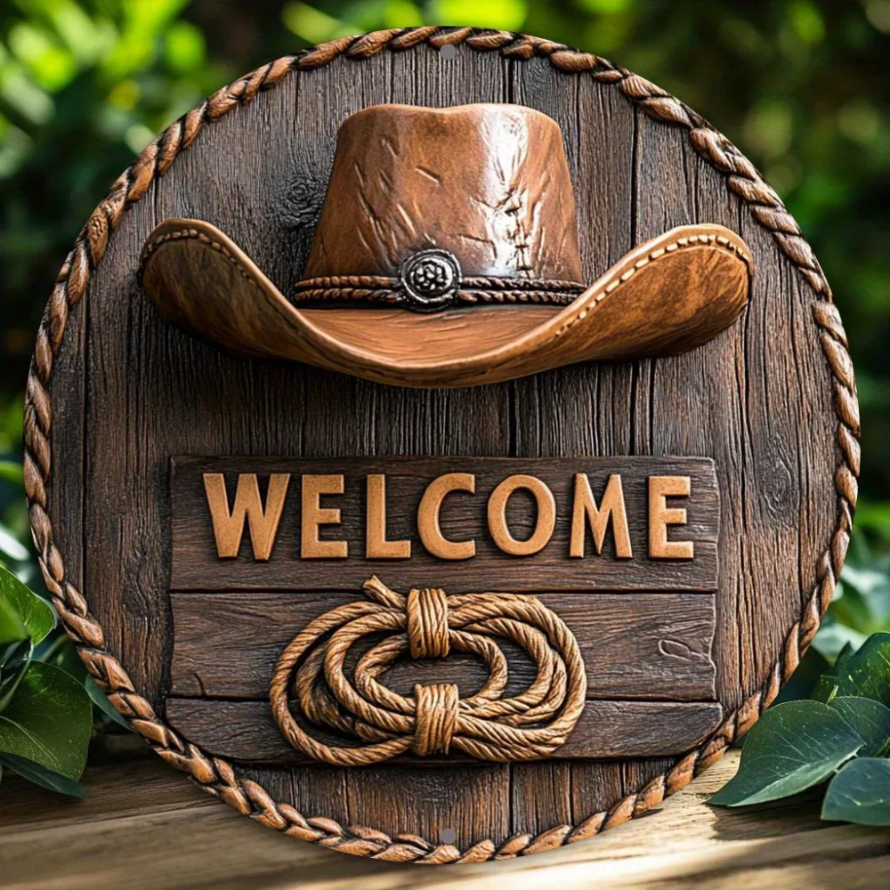 Letrero de Bienvenida Rústico Plano 2D con Diseño de Sombrero de Vaquero y Cuerda, Decoración de Pared de 8x8 Pulgadas, Ideal para el Hogar, Bar, Oficina, Regalos con Temática del Oeste