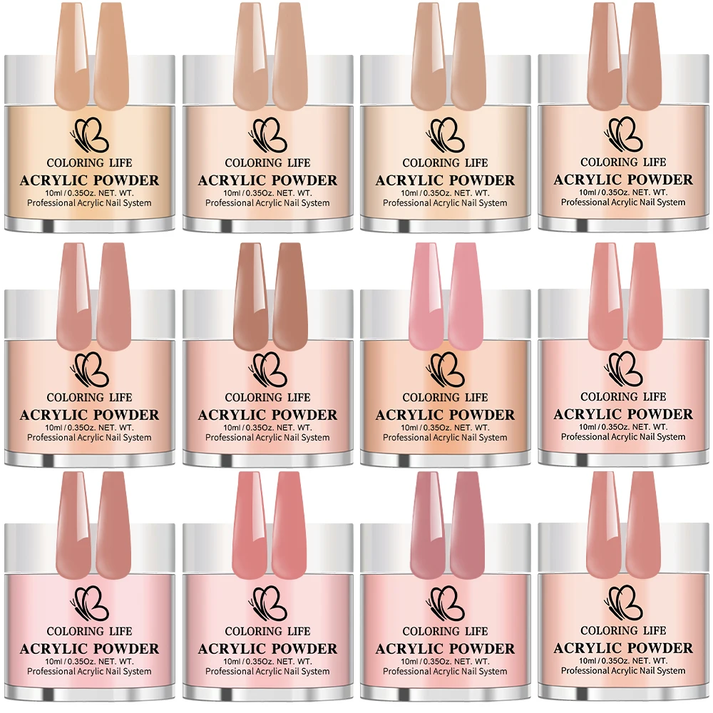 Juego de polvos acrílicos desnudos/rosas, 12 Uds., 3 en 1, para inmersión/tallado/polvo de cristal para uñas desnudas Pastel extendido, polvo acrílico fino para manicura