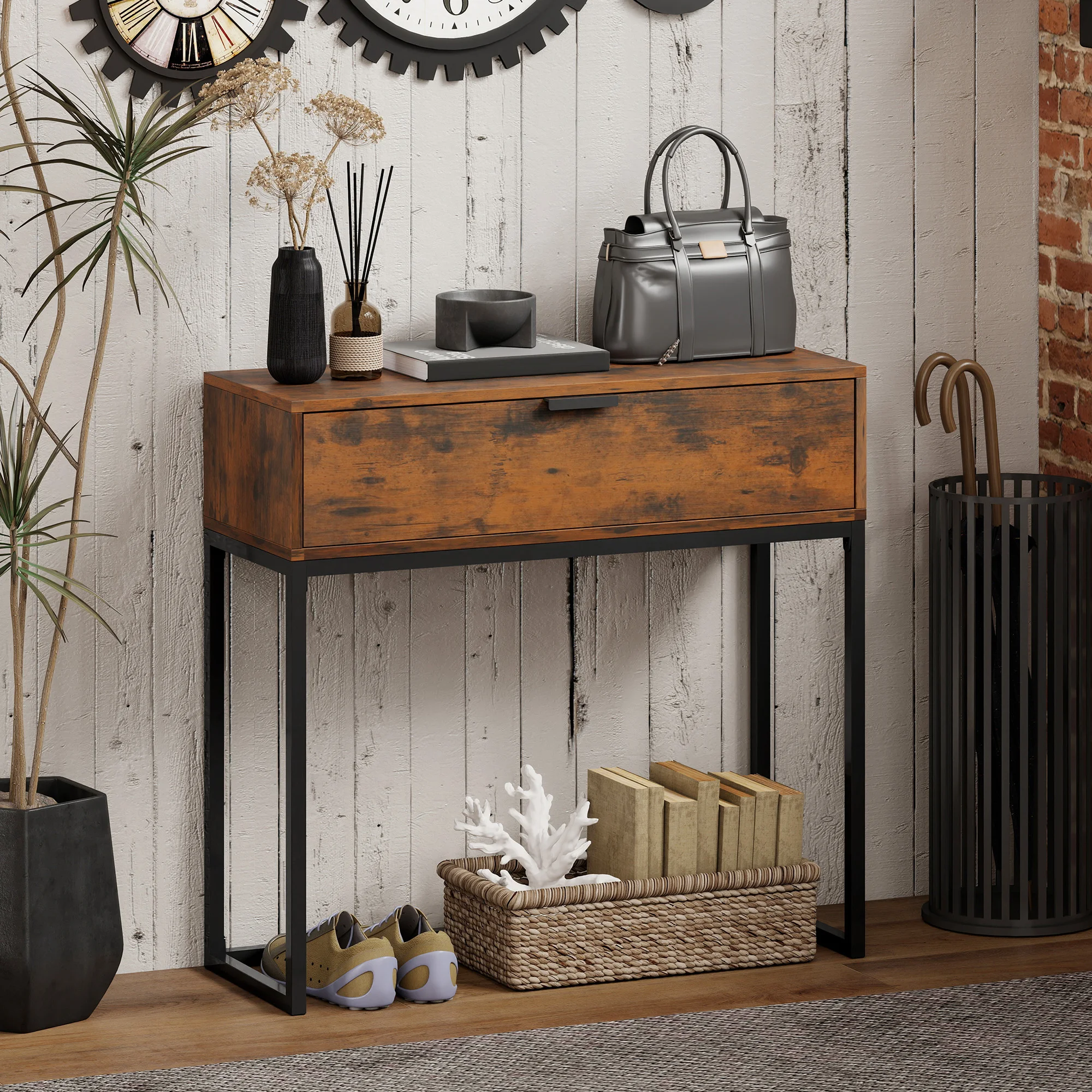 HOMCOM Konsolentisch Flurtisch mit Schublade, Beistelltisch im Industrie-Design mit Stahlrahmen, Ausstellungstisch für Flur Wohnzimmer, 80 x 30 x 76 cm, Rustikal-Braun