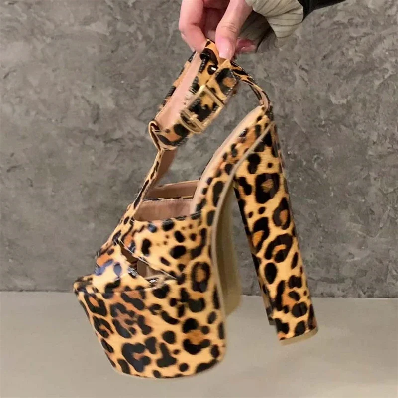 

Aneikeh Sexy Sandals Summer Punk Leopard Print Ultra Chunky High Heels Buckle Strap Women Peep Toe Banquet Party Shoes