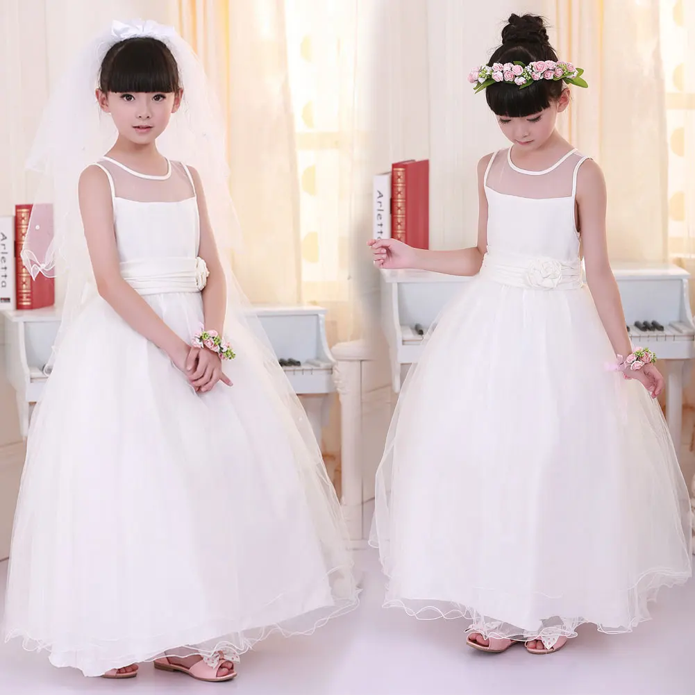 Girls White Dress Lace Mesh Princess Dresses for Party Wedding Flower Bow Belt Children\'s Party Clothes