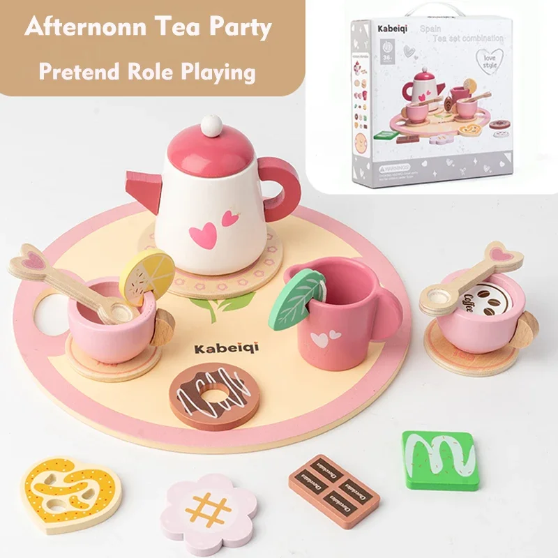 Toys Kitchen Simulation Tea Set Afternoon Activity Games Pretend Play Kitchen Accessories for Kids Wooden Kitchen