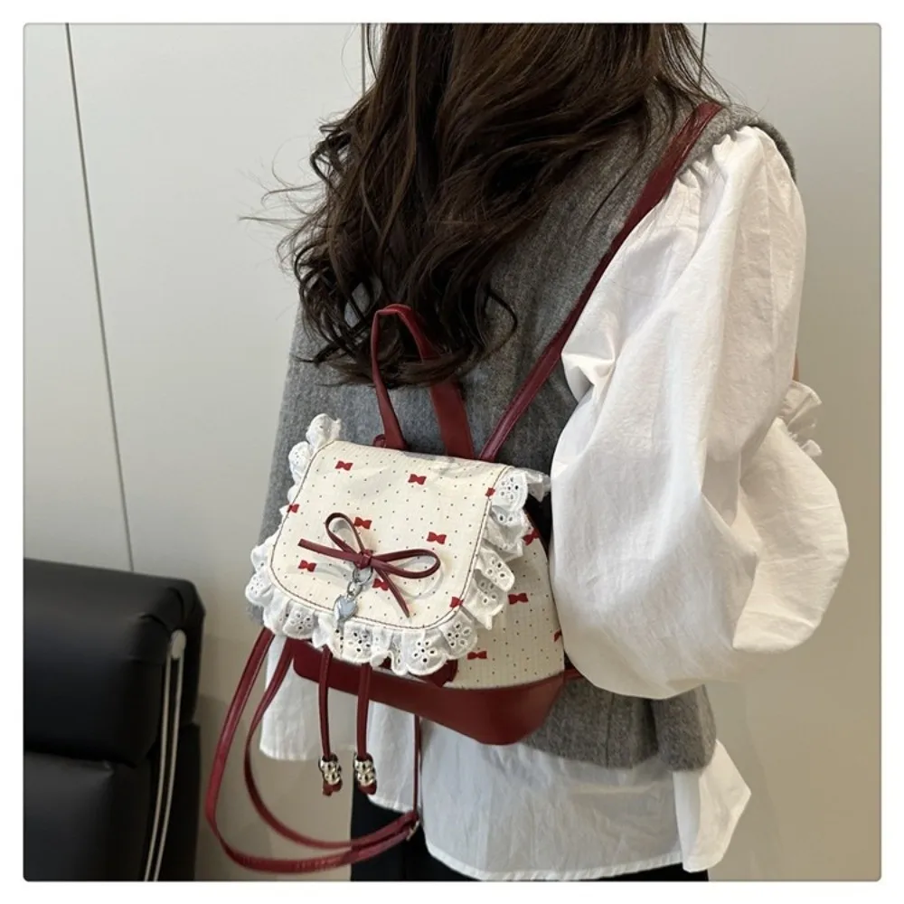 Fashion Lace Trim Butterfly Knot Backpack Polka Dot Sweet Bow Mini Backpack Lightweight Women's Backpack Women