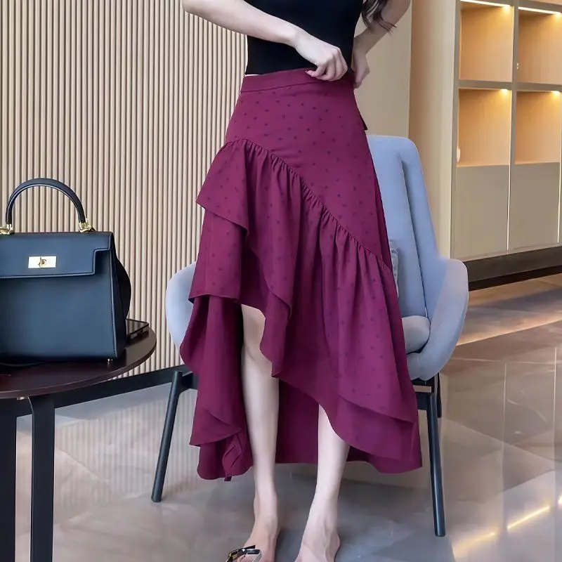 

New French Vintage Summer Skirt Women Fashion Irregular Dot High Waist Slim A-line Elegant Party Skirts Patchwork