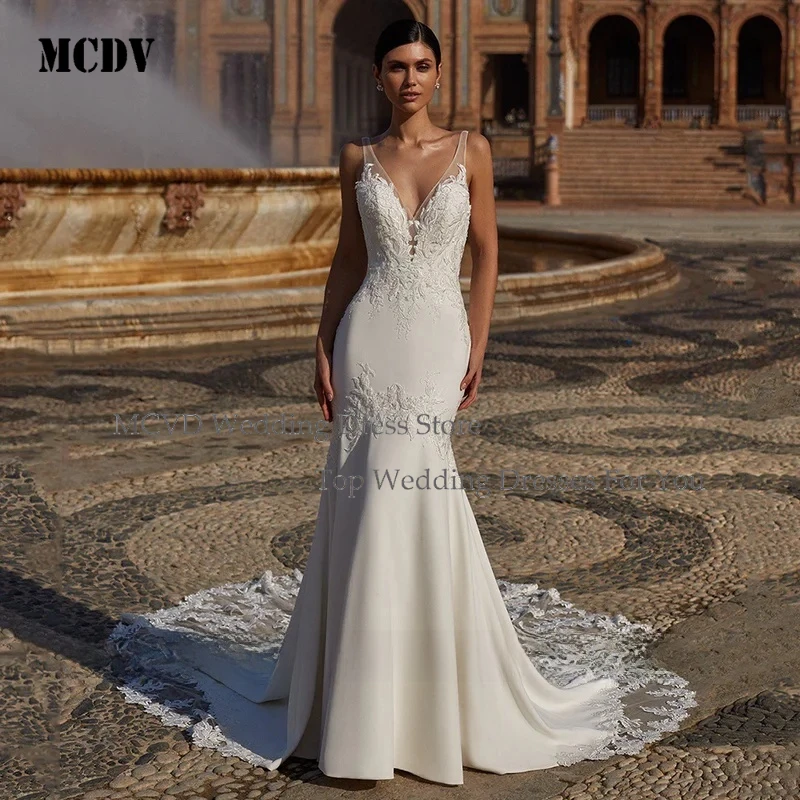 

MCDV Wedding Dress Court Train Customized Sexy V Neck Sleeveless Applique Open Back Bridal Gown Robe De Mariage