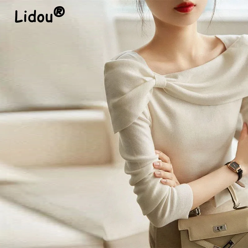 Coreano elegante de cuello cuadrado para mujer, ropa básica de punto, Top de manga larga liso informal para primavera y otoño, lazo elegante