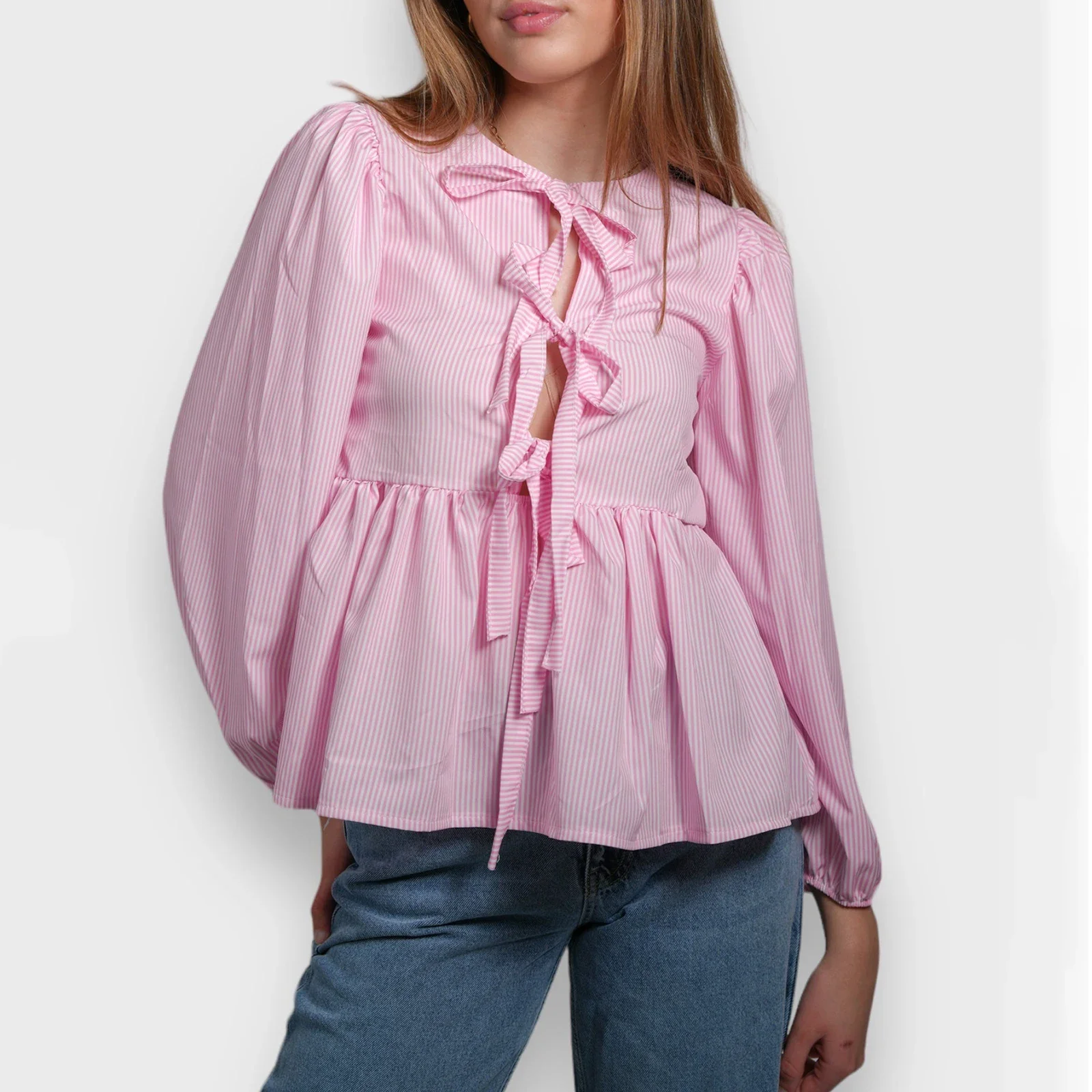 Blusa informal de manga acampanada para mujer, camisa con lazo frontal, Peplum, ropa de calle