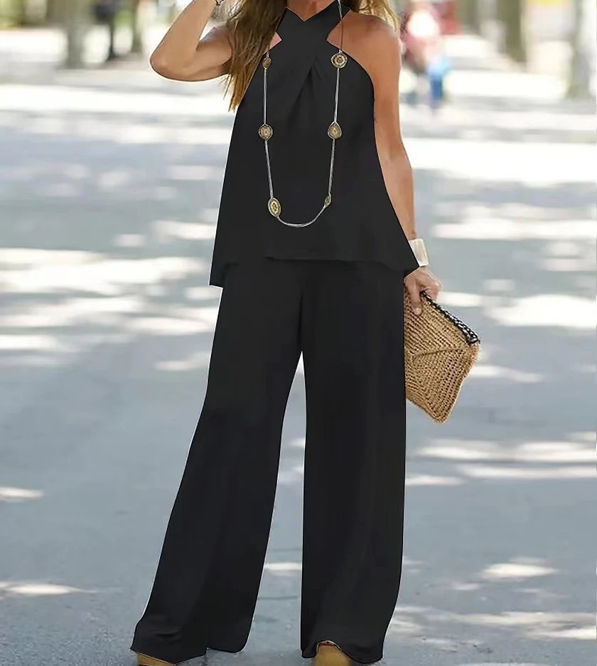 

Two Piece Sets Womens Outifits 2024 New Fashion Hanging Neck Black Sleeveless Top & Wide Leg Pants Casual Pants Set