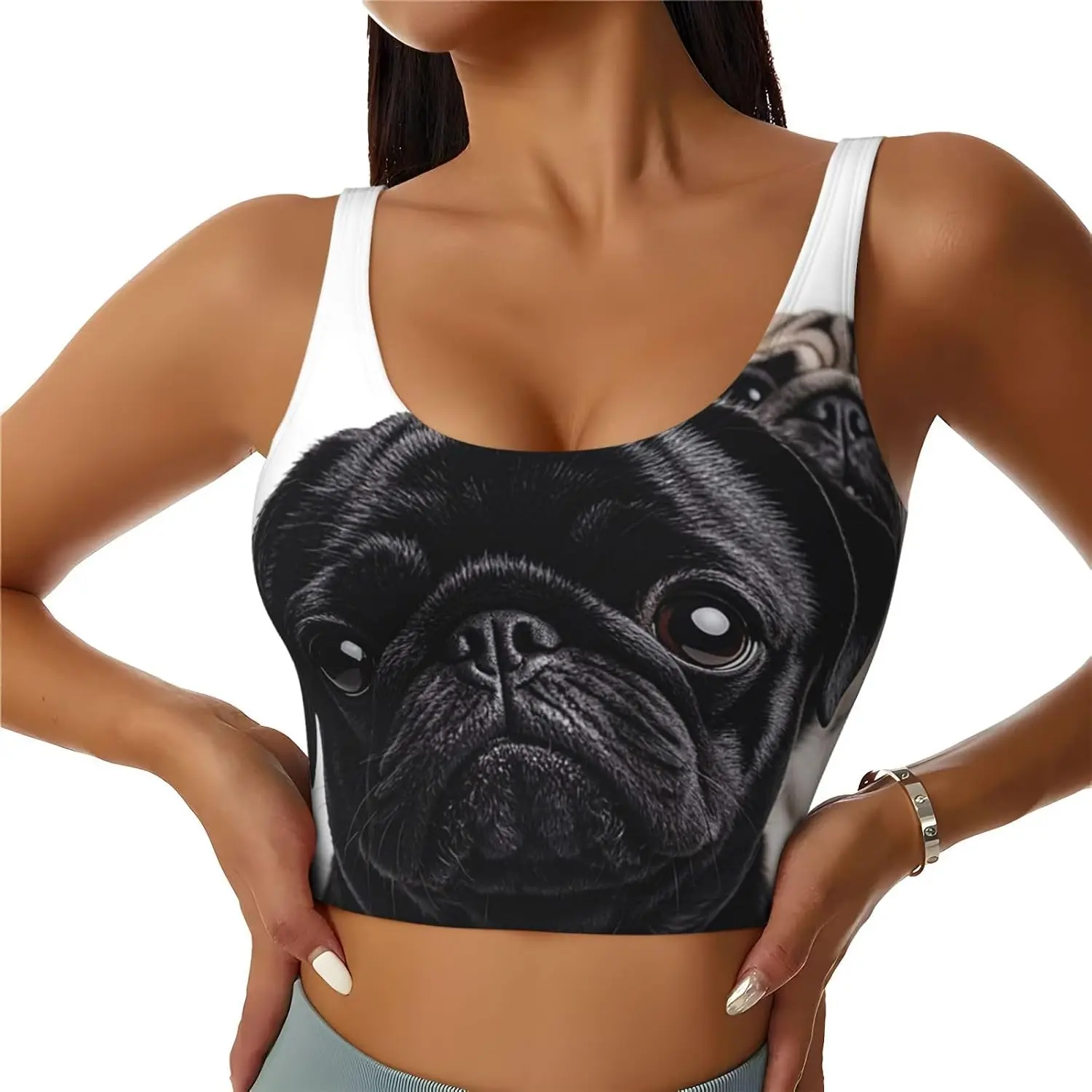 Women's Workout Tank Tops HIigh Support U Back Padded Sports Bra Cute Black Pug Dog Sports Crop Tops For Women