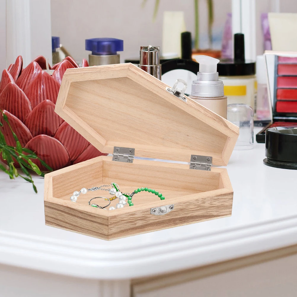 

2pcs Coffin Box Hexagonal Wooden Container for Toys Kids Decor Trinket Holder Ring Box Keepsake Case Storage