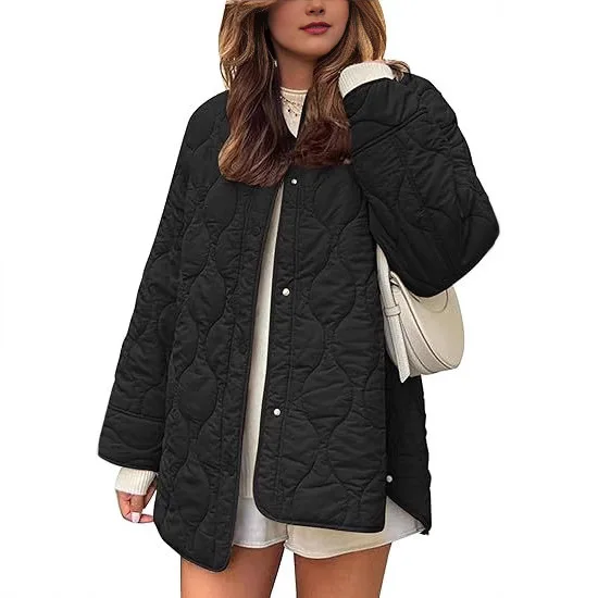 Autumn Winter Women Wave Quilted Jacket Crew Neck Snap Button Lightweight Thin Padded Coat Loose Casual Warm Female Outerwear