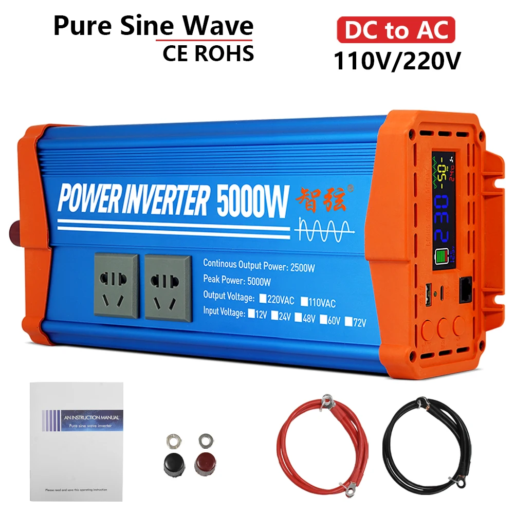 High Frequency 5000W/2500W Pure Sine Wave Inverter DC to AC 12V 24V to 110V 220V Car Inverter with USB and Type C