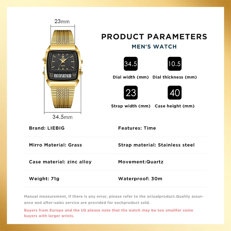 5 PCS/Set Watch For Men New Fashion Casual Digital Quartz Dual Display Gold Clock Week Time Sports Waterproof Quartz Wristwatch