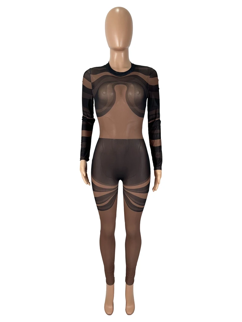 أنيق سيدة شبكة سوداء مخطط مطبوعة حللا 2025 الخريف المرأة طويلة الأكمام س الرقبة انظر من خلال مثير نادي وزرة الحفلات