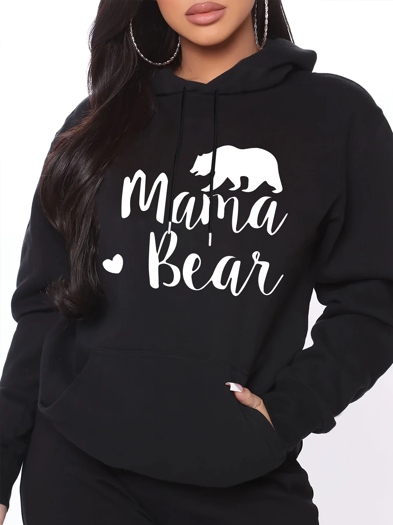 

Cozy Bear Print Hoodie - Womens Long Sleeve Drawstring Sweatshirt with Pockets & Charming Letter Design - Perfect Casual Wear