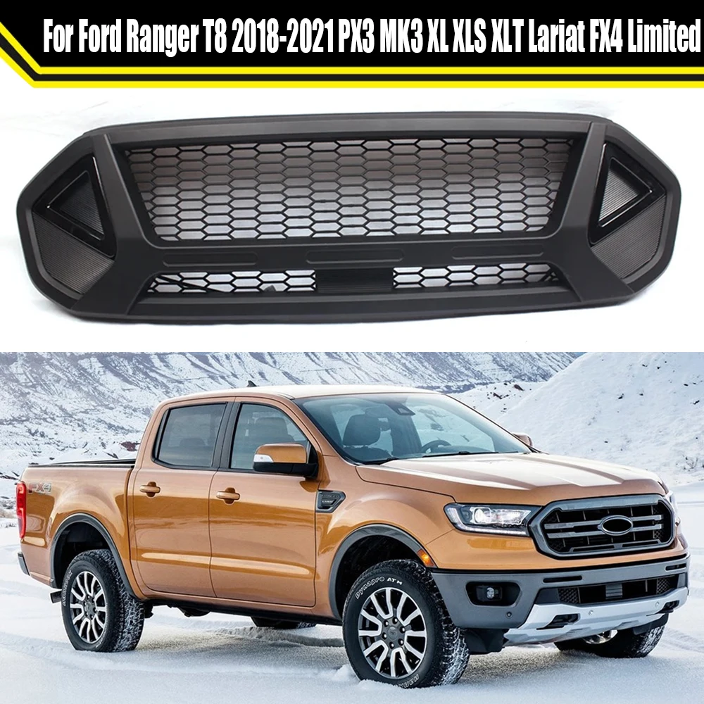 Off-road Parts Grille Front ABS Grills With Side LED Lights For Ford Ranger T8 2018-2021 PX3 MK3 XL XLS XLT Lariat FX4 Limited